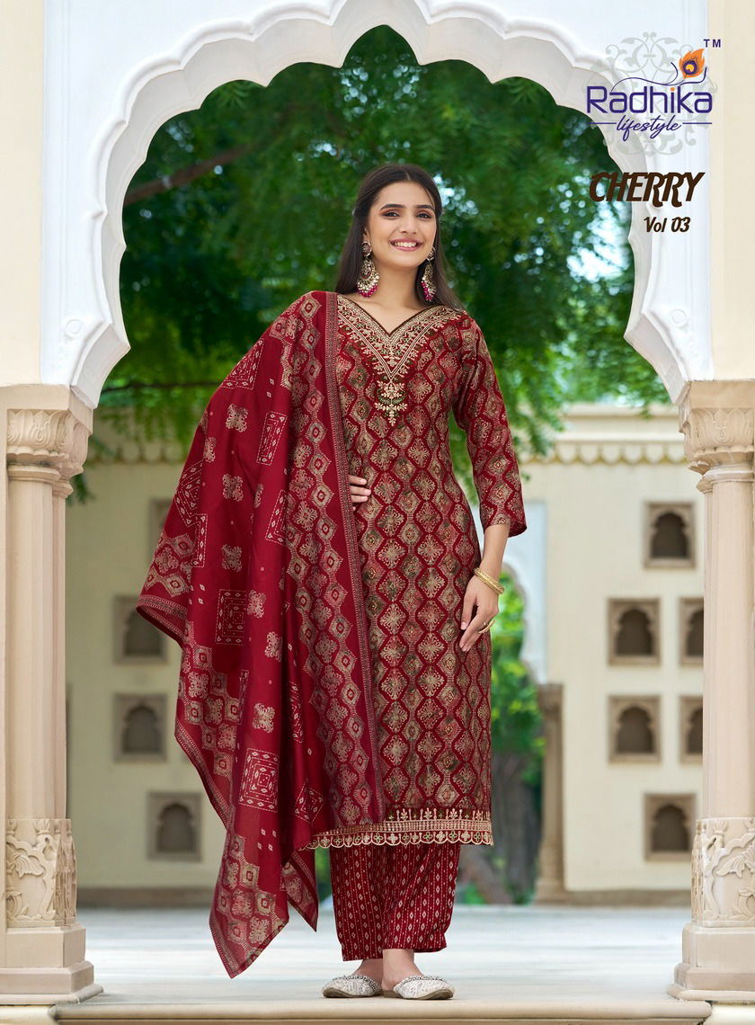 Cherry Vol 3 By Radhika Printed Embroidery Kurti With Bottom Dupatta Wholesale Market In Surat
